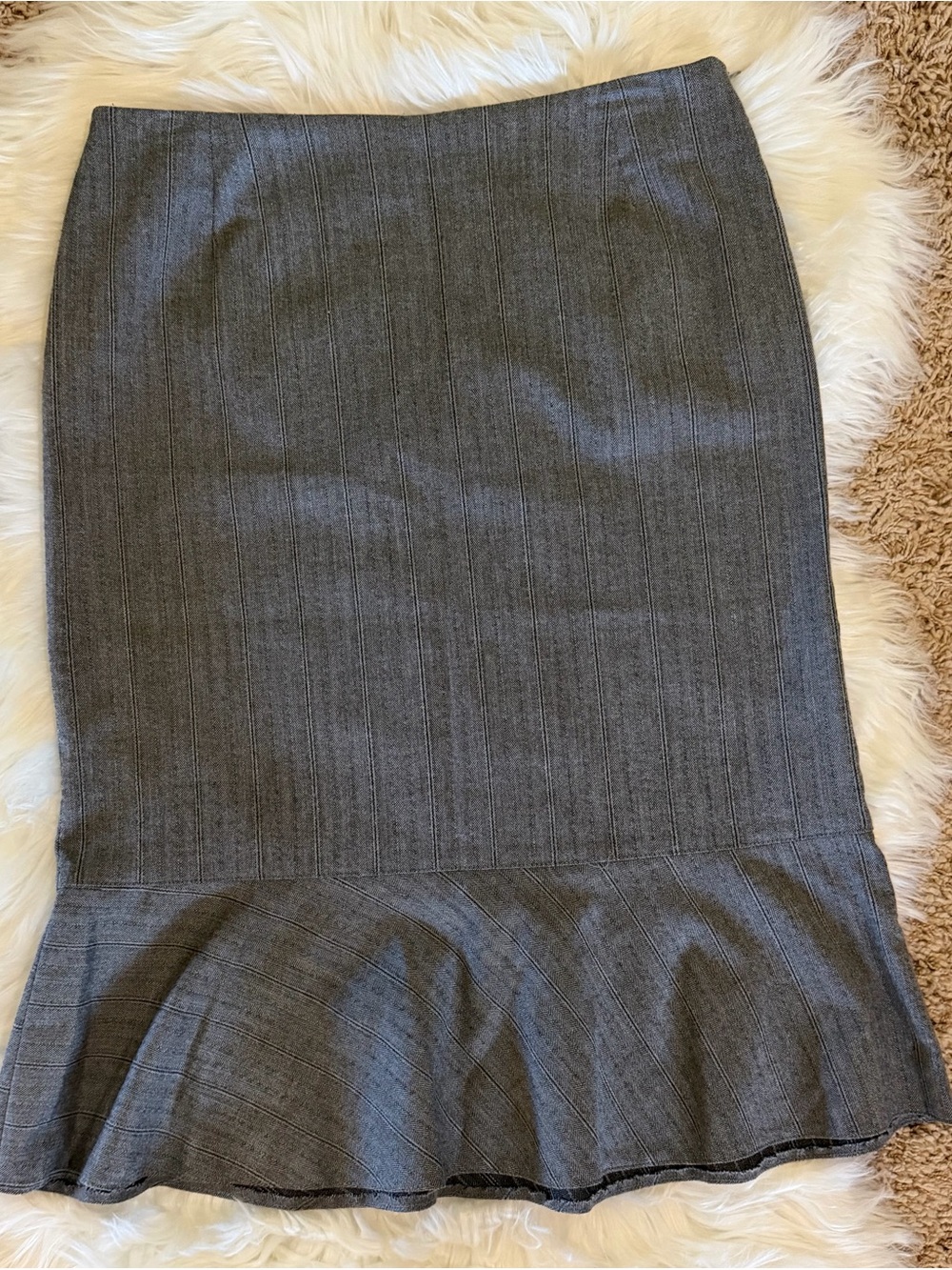 Women's Gray Pinstripe Pencil Skirt with Ruffle Hem